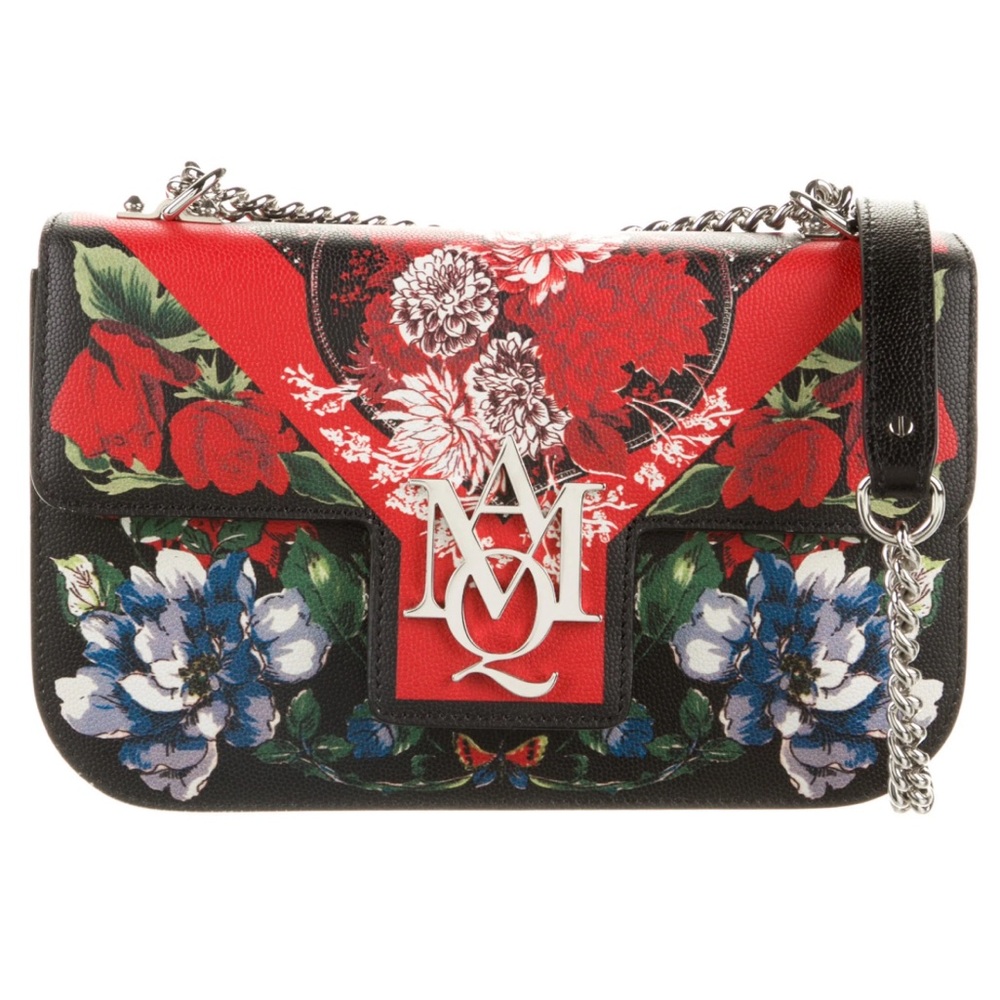 RARE! ALEXANDER MCQUEEN Floral Red Black Blue Silver 2 Way Crossbody Bag